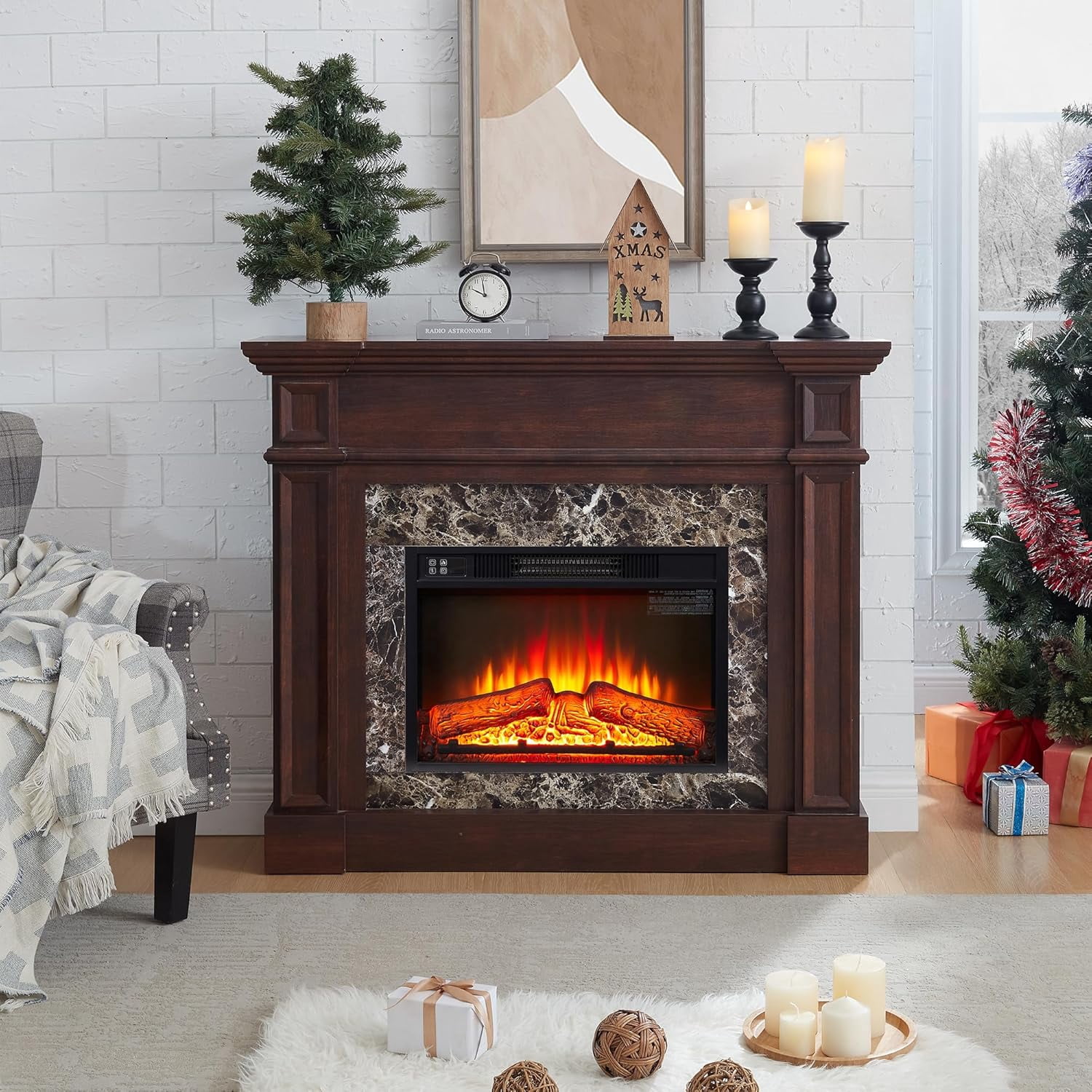 45" Electric Fireplace with Mantel, Faux Marble Pattern Surround, Freestanding Fireplace Heater with Timer & LED Flame, 23" Fireplace Insert (Cherry)