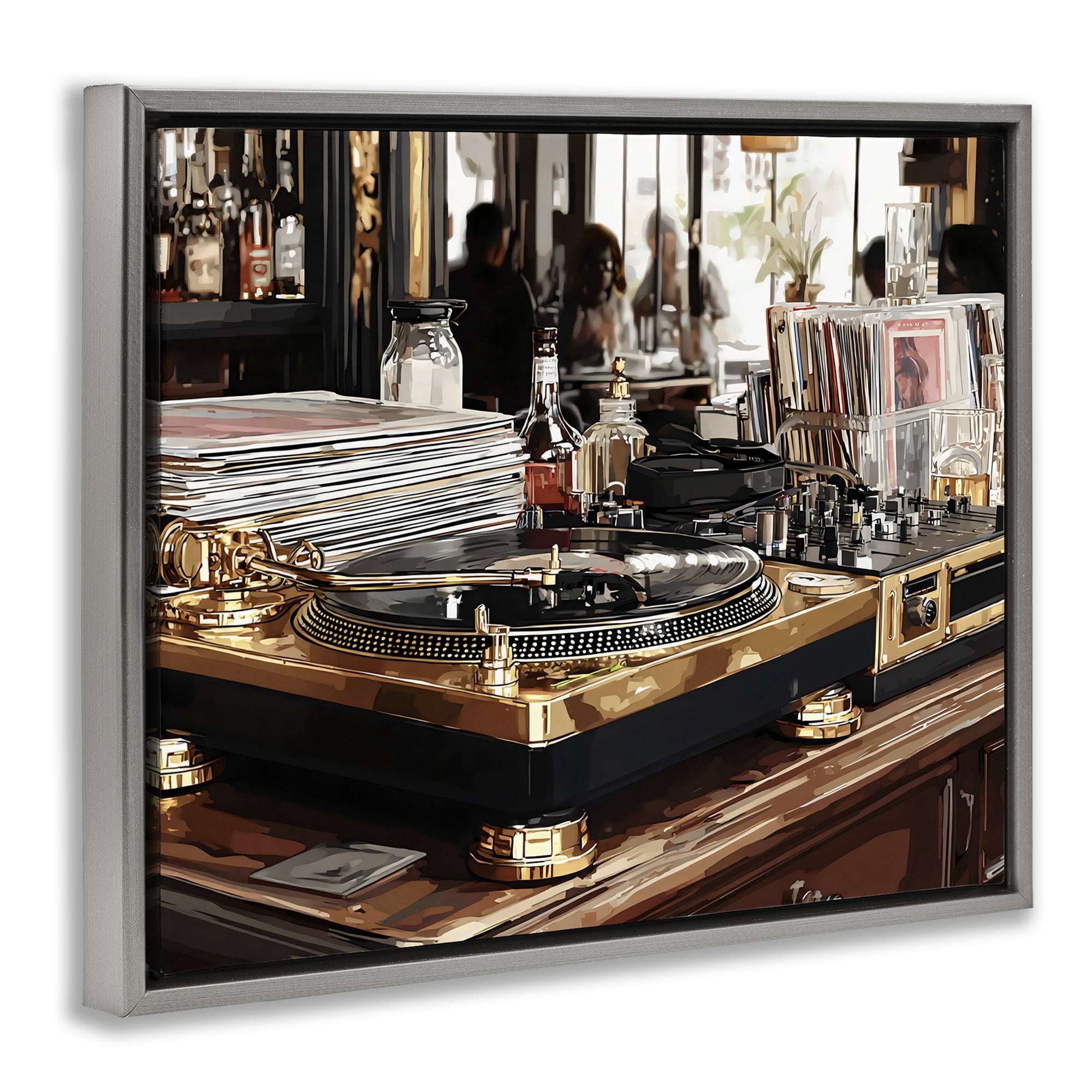Stupell Industries Work Place Vintage Gold Turntable Gray Framed Floater Canvas Wall Art, design by Franklyn Gregory