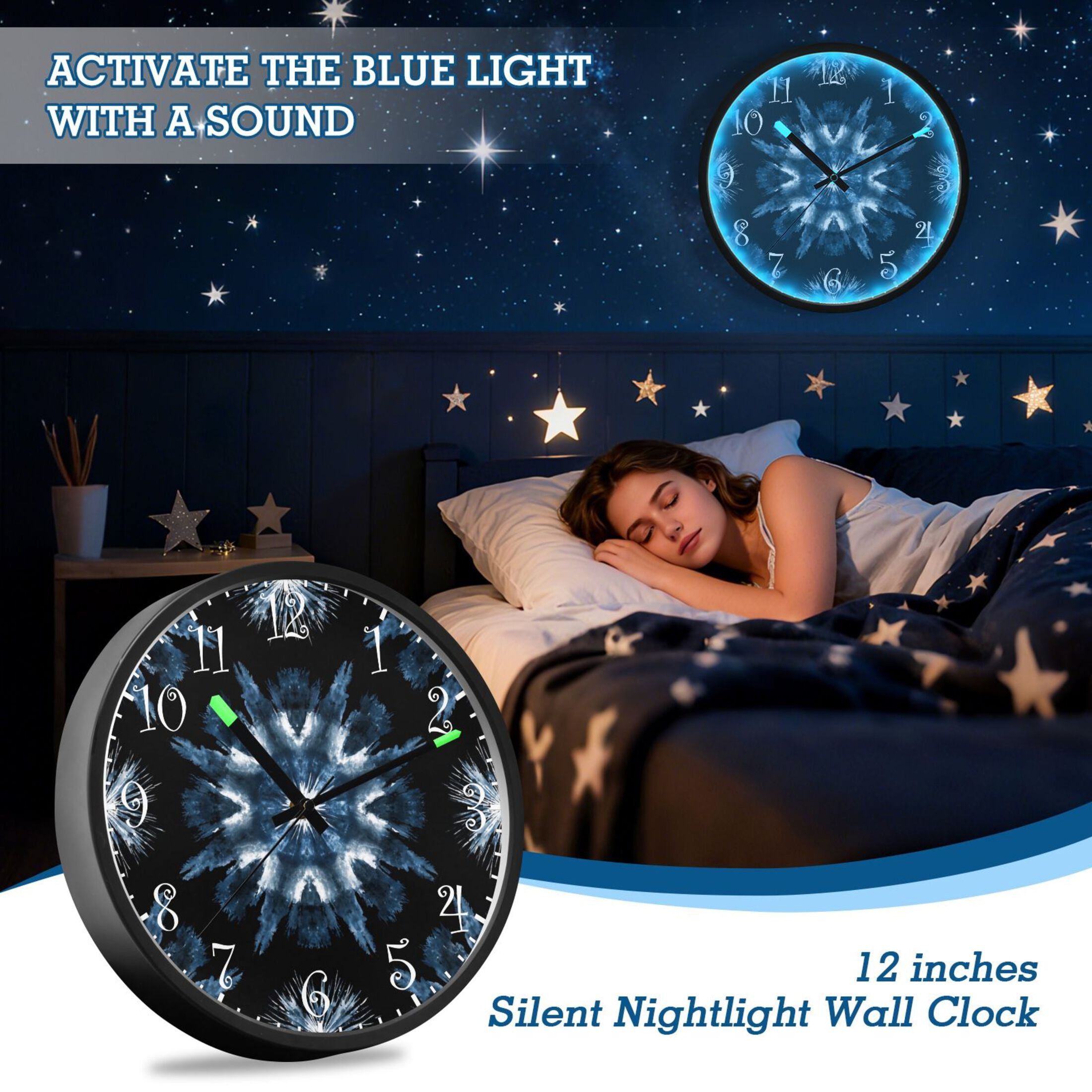 Voice Activated Clock with Glow Light 12 Inch Large Silent Wall Clock Battery Operated for Home Decor Explosion Of Blue Ink