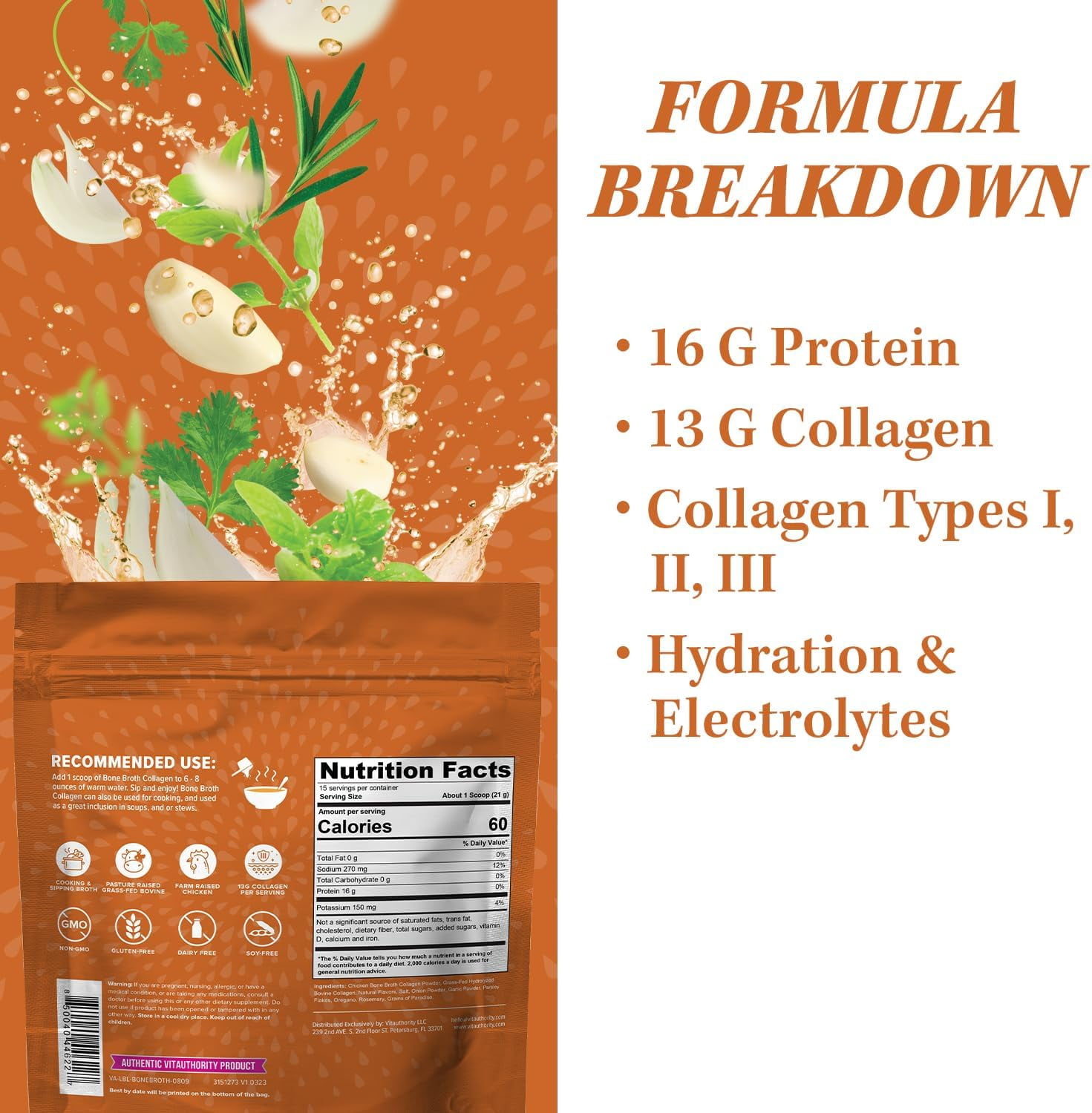 Vitauthority Bone Broth Collagen Protein Powder, 16g Protein Supplement, Chicken Noodle, 15 Servings