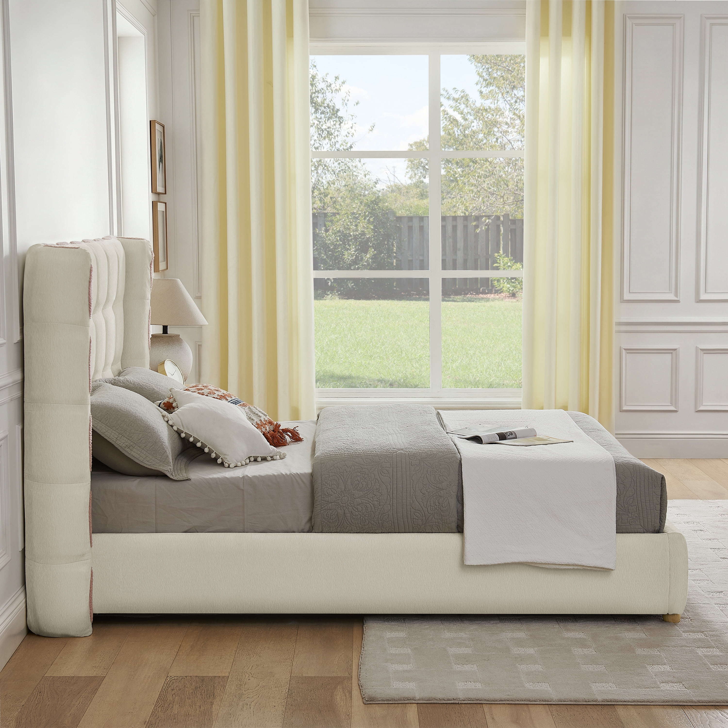 Queen Size Chenille Upholstered Platform Bed, Gas Lift Platform Bed with Under Bed Storage