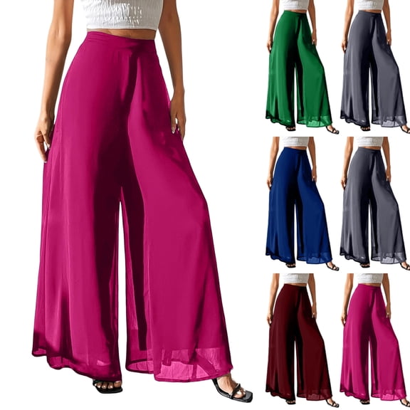 Womens Flowy Silky Chiffon High Waist Wide Leg Palazzo Pants Elastic Waist Sheer Hem Lightweight Pants Loose Fit Dressy Casual Beach Vacation Pants, #01 Hot Pink, S