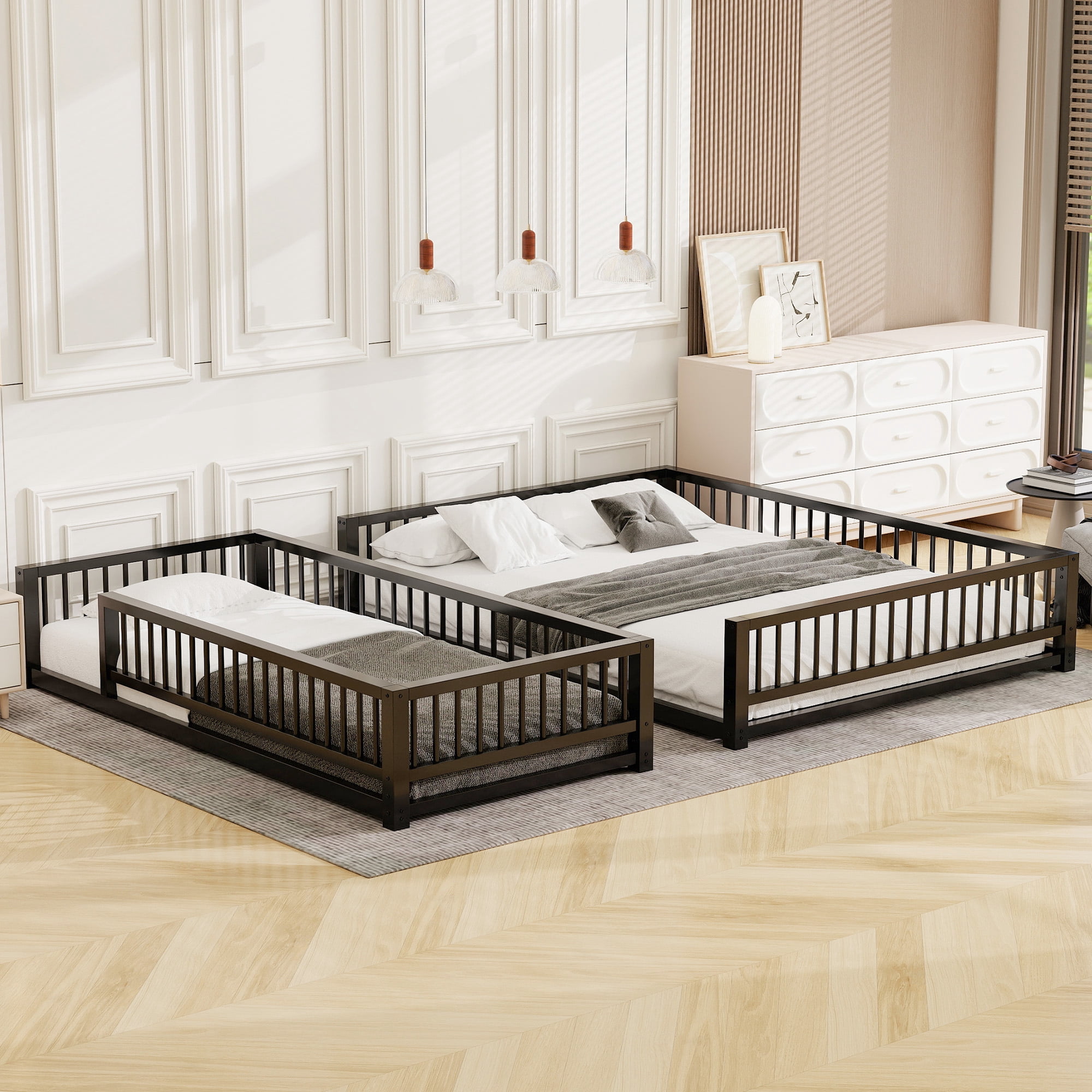 Leumius Twin XL over Queen Bunk Bed,Heavy Duty Metal Bunk Beds for Adults and Kids,Floor Bed Frame with Ladder and Safety Guardrails, Easy Assemble,Black