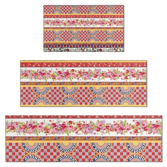 Pioneer Flower Floral Print Pattern Kitchen Rugs Sets Of 3,Kitchen Runner Rugs Non Skid Washable,Decorative Kitchen Floor Mats for Kitchen,Sink,Laundry,17"x30"  17"x47"   17"x59"