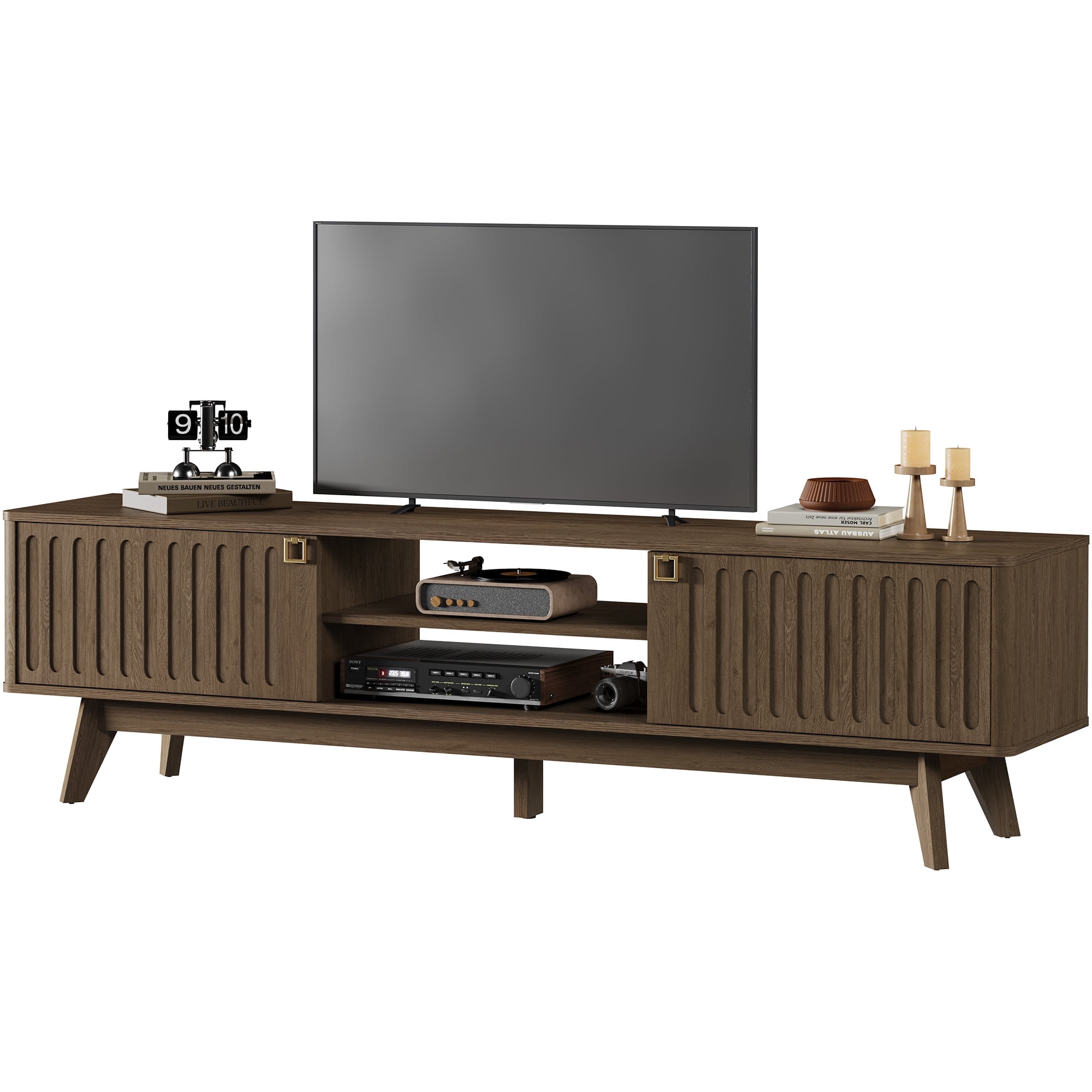 SICOTAS 70.1" Extra Long Modern TV Stand, Minimalist Console Table with 2 Fluted Doors, 3-Tier Storage Shelves, Long Entertainment Center for Living Room, Coffee Oak