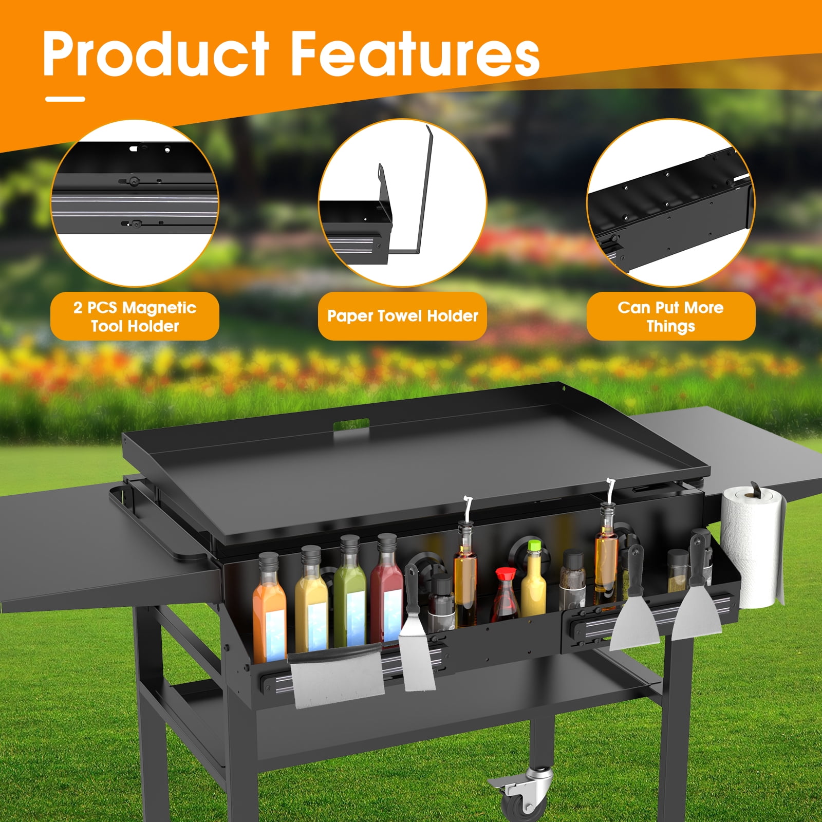 Universal Front Griddle Caddy for Blackstone Griddles from 28" to 36", Front Tool/Bottle Shelf with 2PCS Magnetic Tool Holder & Paper Towel Holder for Blackstone Griddle, Space Saving Storage Caddy