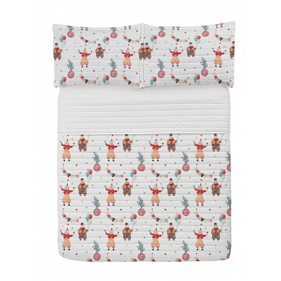 Circus Microfiber Bedspread Set, Watercolor Paint Pattern of Funny Clowns on a Ball Stars and Flags, Soft Bedding Set with Pillow Shams & Comforter, 3 Sizes, White Multicolor, by Ambesonne