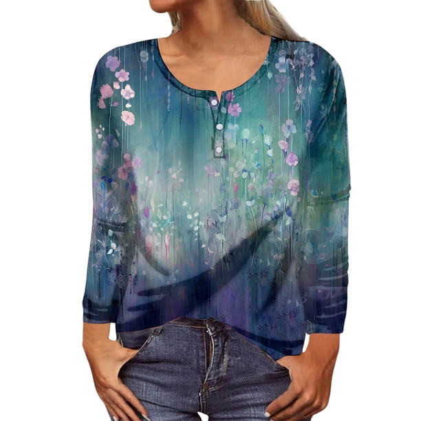 MHFRRA Camiseta de Manga Larga con Cuello Redondo y Estampado Floral para Mujer, Estilo Informal y Elegante. Marina de Guerra