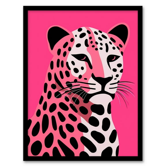 Stylized Pink Black Leopard Bold Vibrant Risograph Screenprint Artwork Painting Art Print Framed Poster Wall Decor 12x16 inch