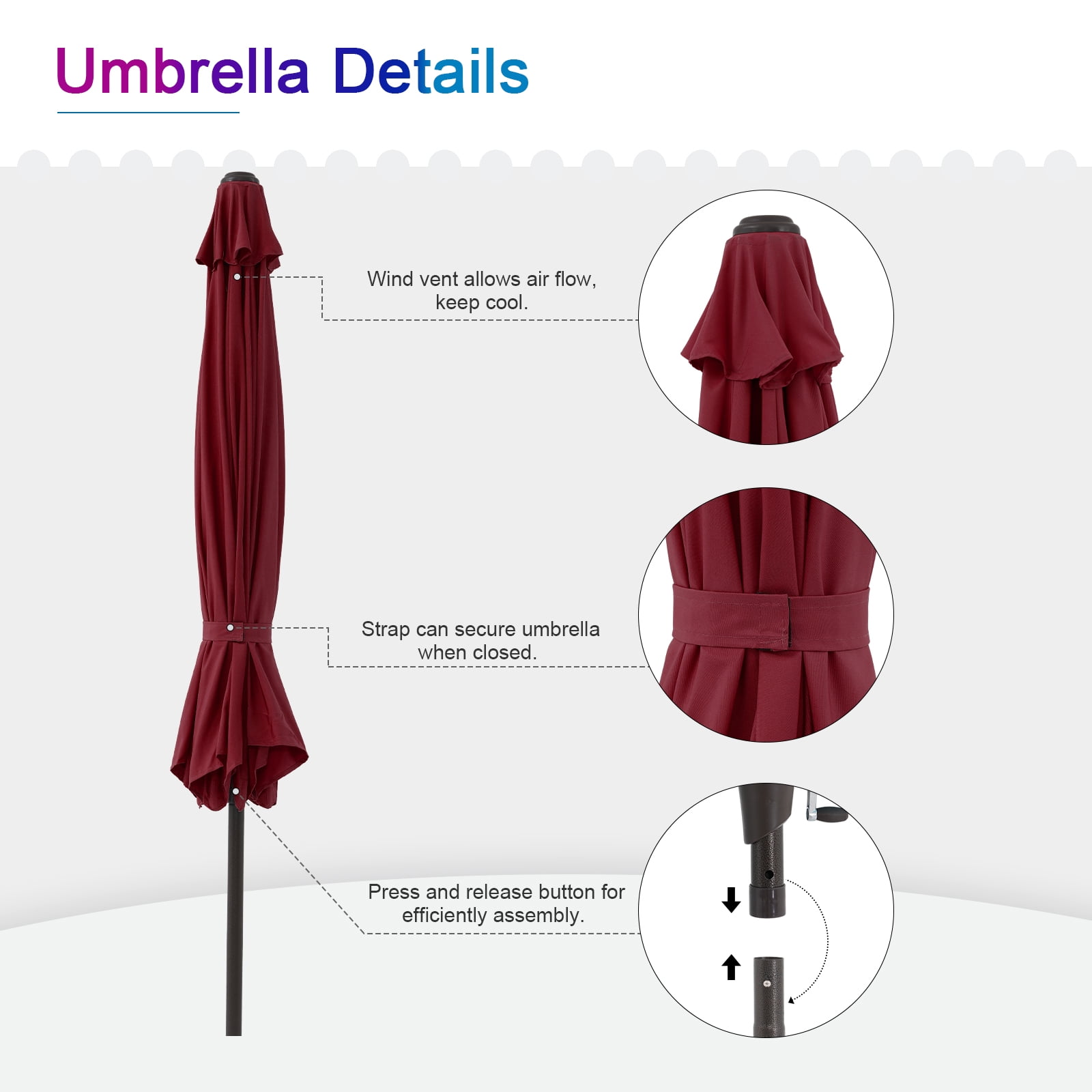9ft Outdoor Patio Umbrella, with Push Button Tilt and Crank Sysytem, Sturdy Power Coated Frame, for Garden, Poolside, Deck and Backyard, Red