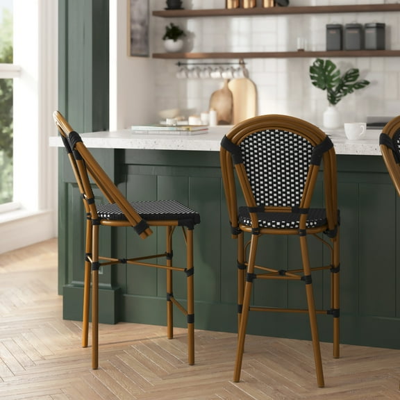 Merrick Lane Set of Two Stacking French Bistro Counter Stools with Black and White PE Seats and Back and Bamboo Finished Metal Frames for Indoor/Outdoor Use