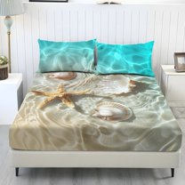 COEQINE Sheet Set Twin Size Fitted Sheet Cozy Wrinkle Free Fade Resistant Bedding Set for Women Men, Deep Pockets Home Decor for Twin Size Bed, Beach Starfish Shell