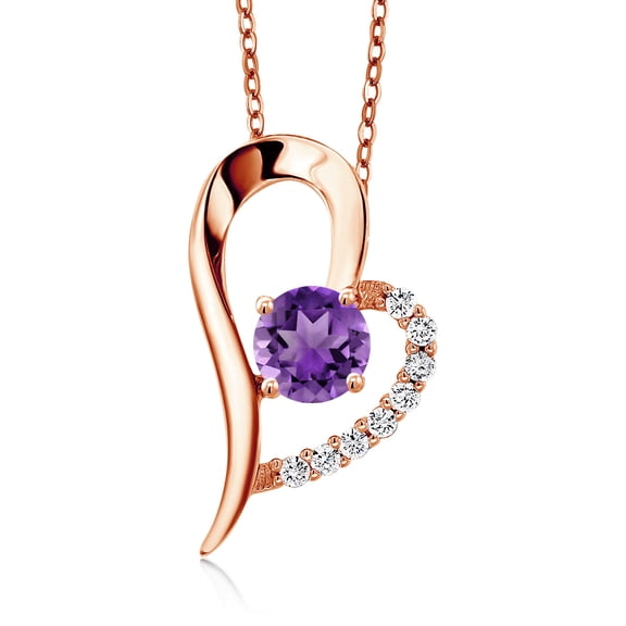 Gem Stone King 18K Rose Gold Plated Silver Purple Amethyst Heart Shape Pendant Necklace for Women (1.12 Cttw, Round 6MM, Gemstone February Birthstone, with 18 inch Chain)