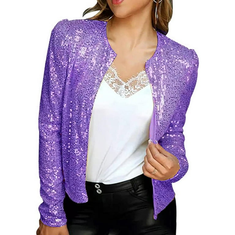 PERZOE Women Coat Spring Autumn Women Coat Sequins Solid Color Long Sleeve  Slim Fit Shiny Glitter Elegant Cardigan Jacket Outwear Streetwear