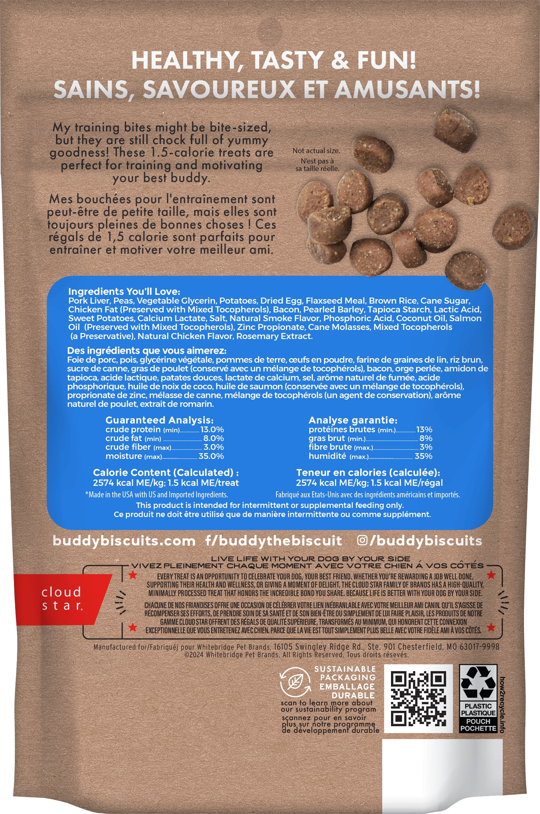 Buddy Biscuits Trainers Training Bites Soft & Chewy Dog Treats, Bacon, 10 oz. Pouch, Buddy Trainers™ Training Bites with natural bacon are the perfect training treat to reward and motivate your dog. There are over 500 treeats in every bag and each piece is highly palatable with a pork liver base and only 1.5 calories. Buddy makes training a breeze!