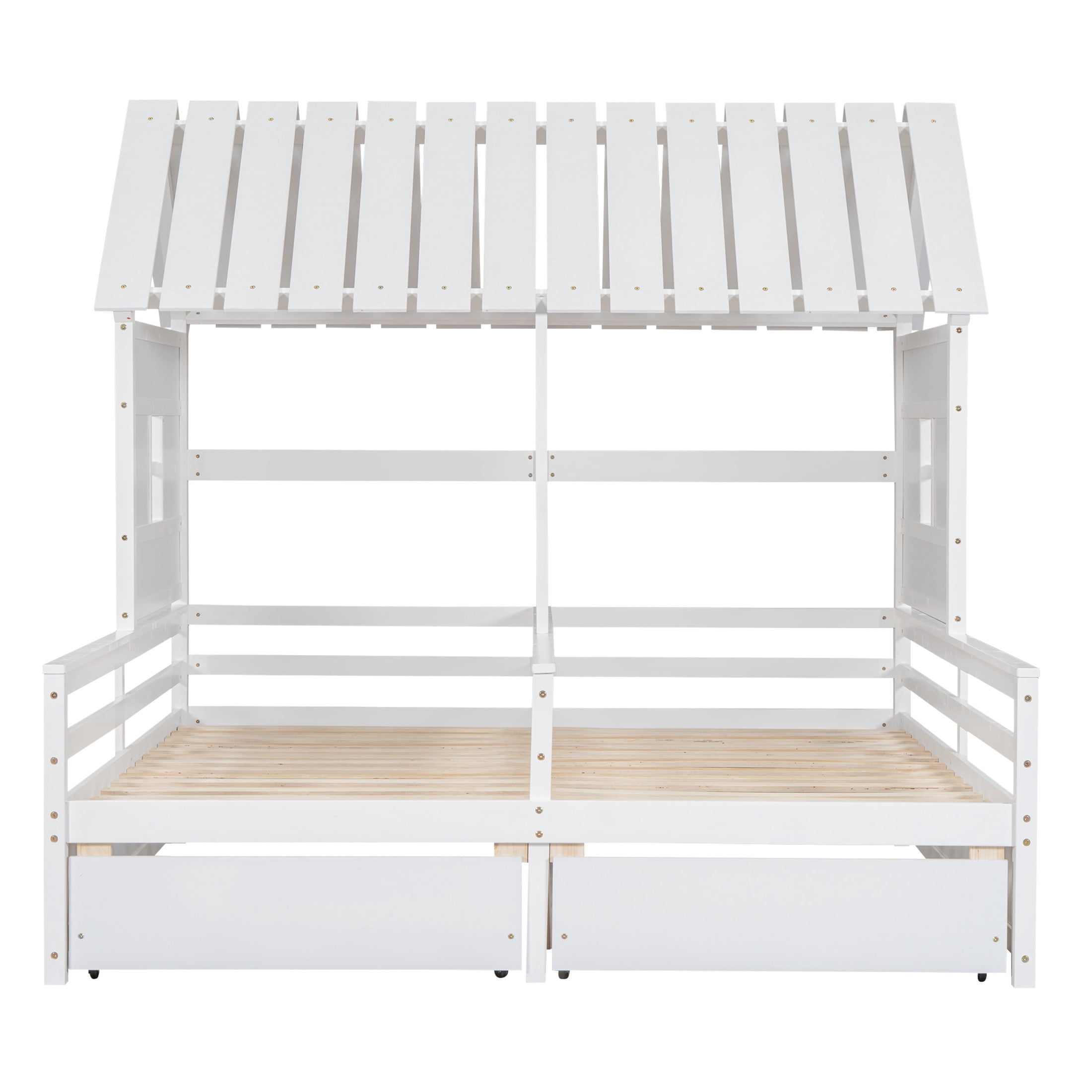 Noble House Junton Dual Twin Size House Platform Bed for Shared Rooms, 2 Side-by-Side Beds with Drawers, White