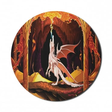 Dragon Mouse Pad for Computers, Powerful Cartoon Design Illustration of a Scary Cave with a Flame Blowing Reptile, Round Non-Slip Thick Rubber Modern Mousepad, 8" Round, Multicolor, by Ambesonne