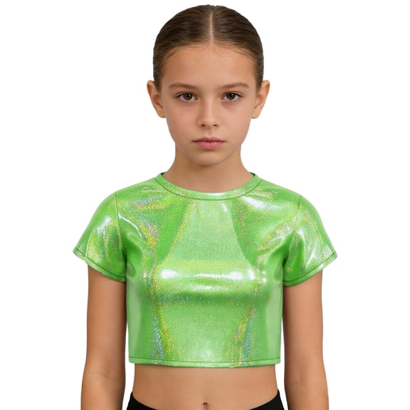 CPNG Toddler Baby Girls Teen Girls Crop Top Solid Color Crew Neck Short Sleeve Sparkly T Shirt Performance Wear(Green,9-10 Years)