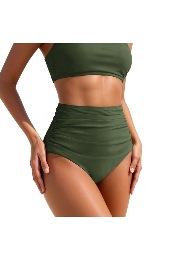Bikinis for Women High Waisted Bikini Bottoms Tummy Control Triangle Swimwear Bottom Bathing Suit Army Green M