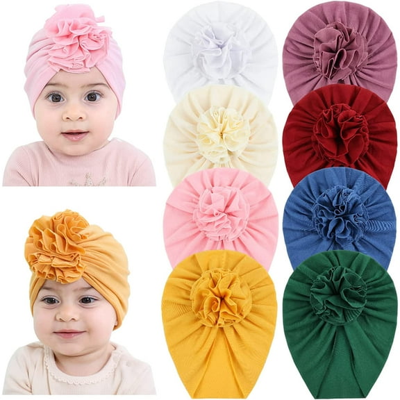 Vorkoi 8 Pack Soft Cotton Solid Turban Hats Caps Beanies Headwraps with Big Flower Bow for Baby Girls Infants Toddlers Kids