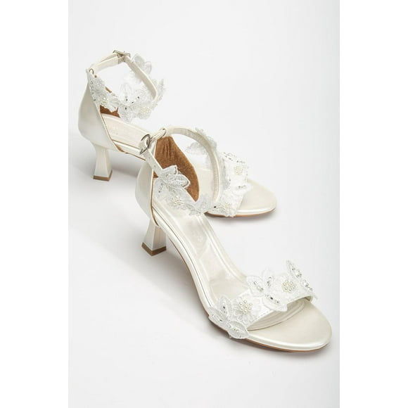 Birdie - Sandalias de novia de encaje color marfil con perlas crema 25 CM