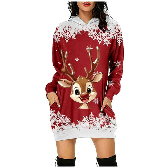2024 Women's Christmas Print Hoodie Dress Casual Long Sleeve Comfortable Holiday Party Wear Tunic Sweater Dress for Festive Season