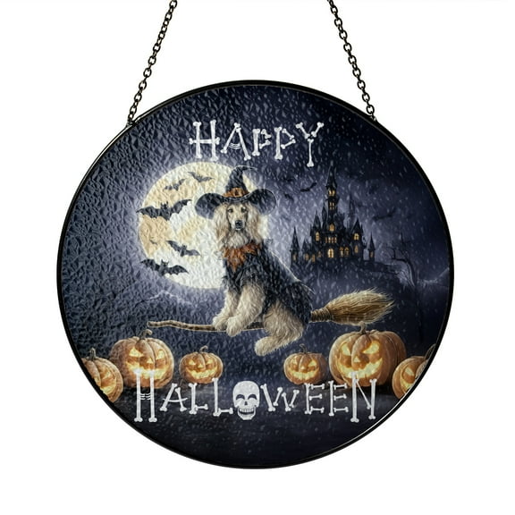 Happy Halloween Afghan Hound Witch Pumpkins Bats Stained Glass Suncatcher Dog Lover Window Hanging Sign Decor - 13012