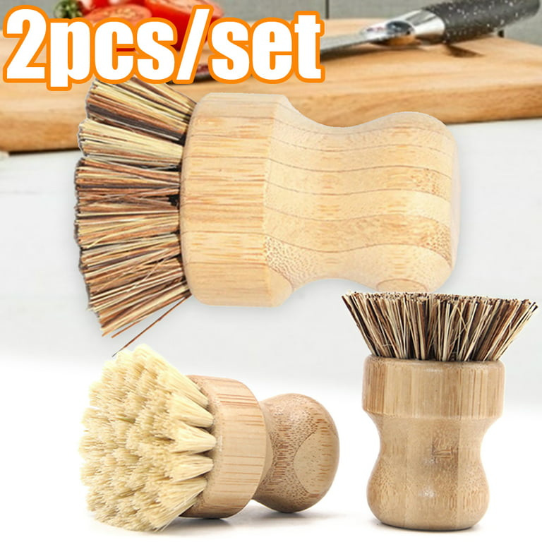 Travelwant 2pcs Bamboo Mini Scrub Brush Coconut Bristles Pot Brushes, Bamboo Dish Scrub Brushes, Kitchen Wooden Cleaning Scrubbers Set for Washing