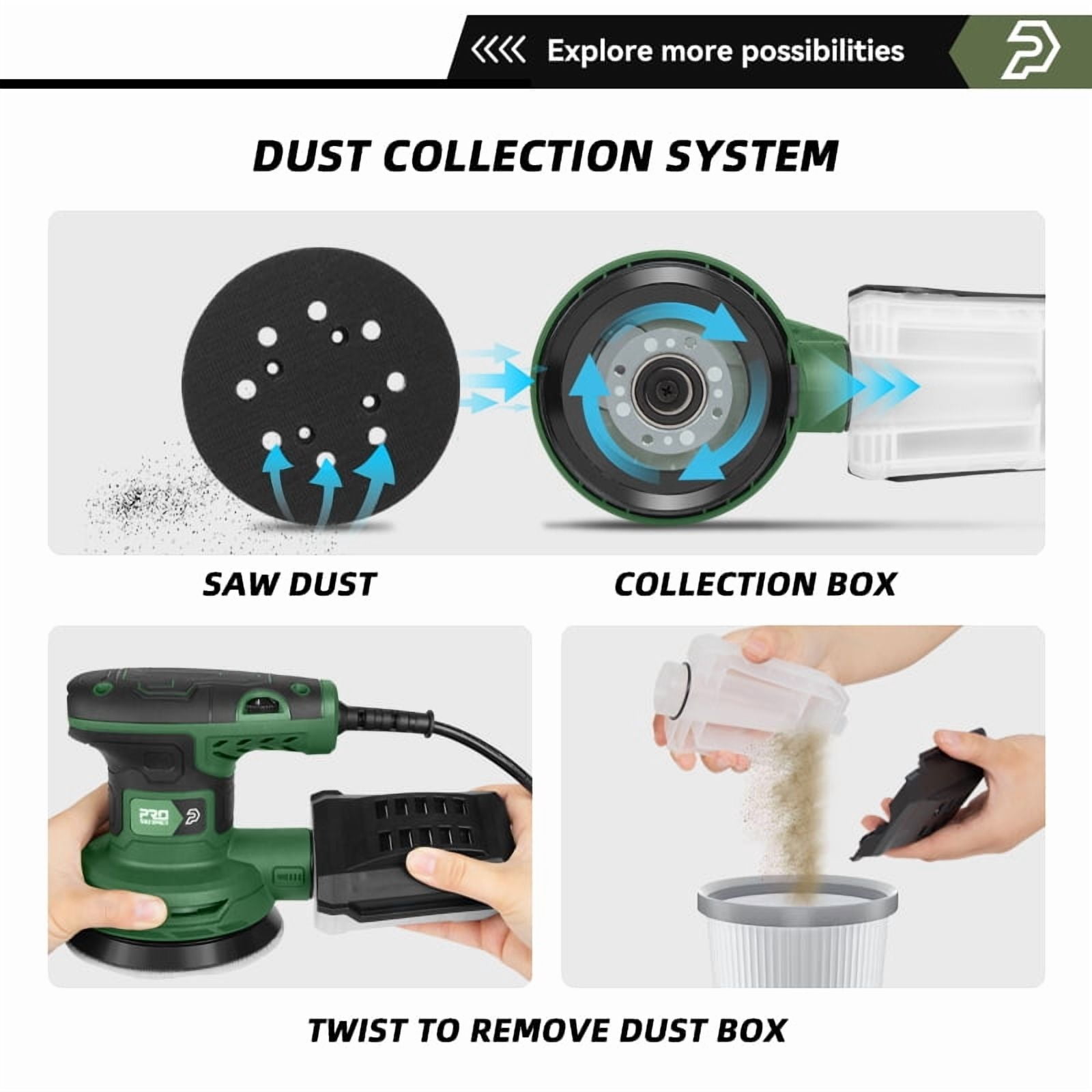 300W Random Orbital Electric Sander Machine with 21Pcs 125mm Sandpapers，6000-13000 RPM Strong Dust Collection Polisher by PROSTORMER
