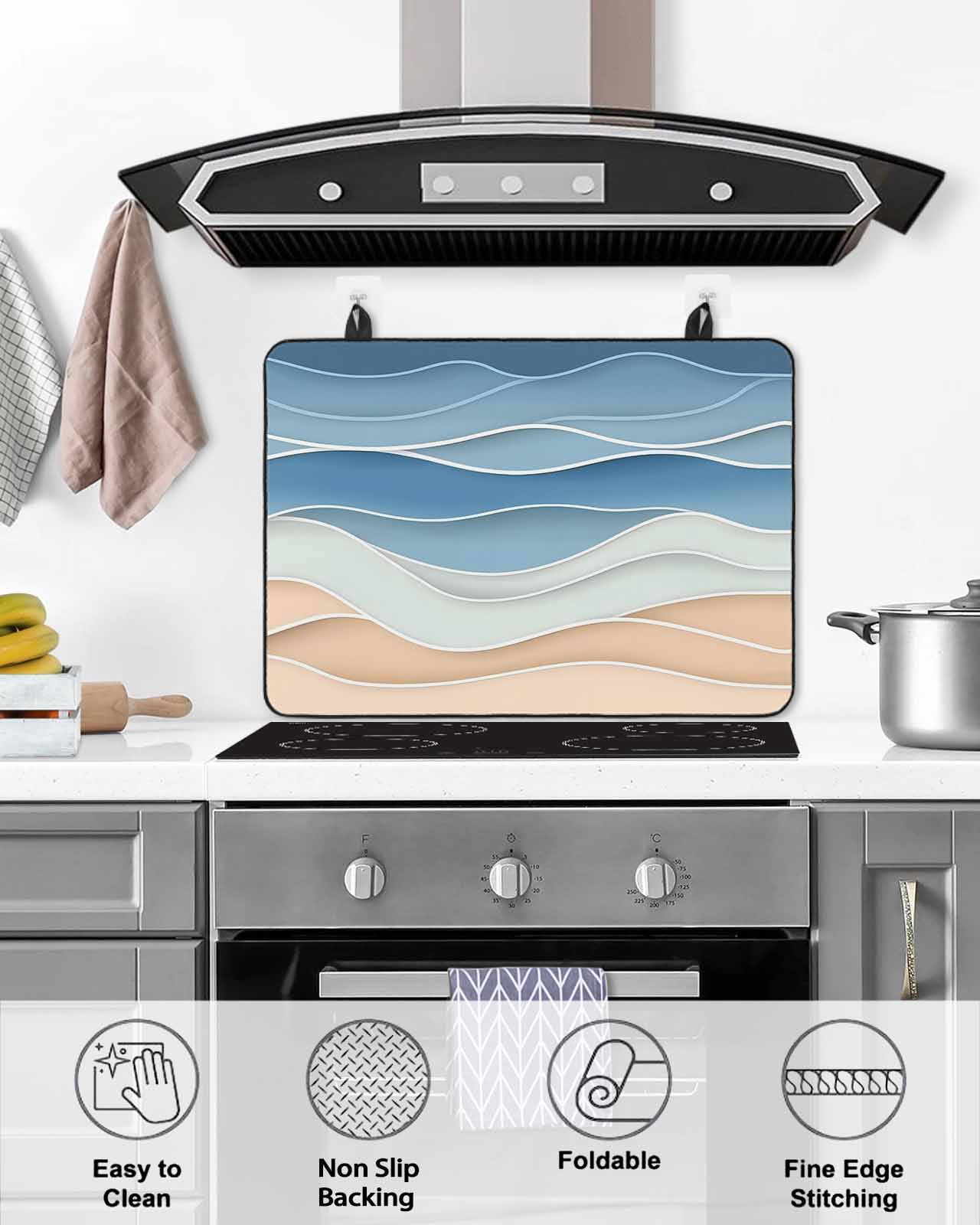 nqOlkjepod Large Induction Cooktop Protector Mat 24"x21", Blue Stove Top Covers for Electric Stove, Ocean Wave Stripes Modern Abstract Beach Geometric Stove Burner Cover Mats, Glass Top Stove Cover