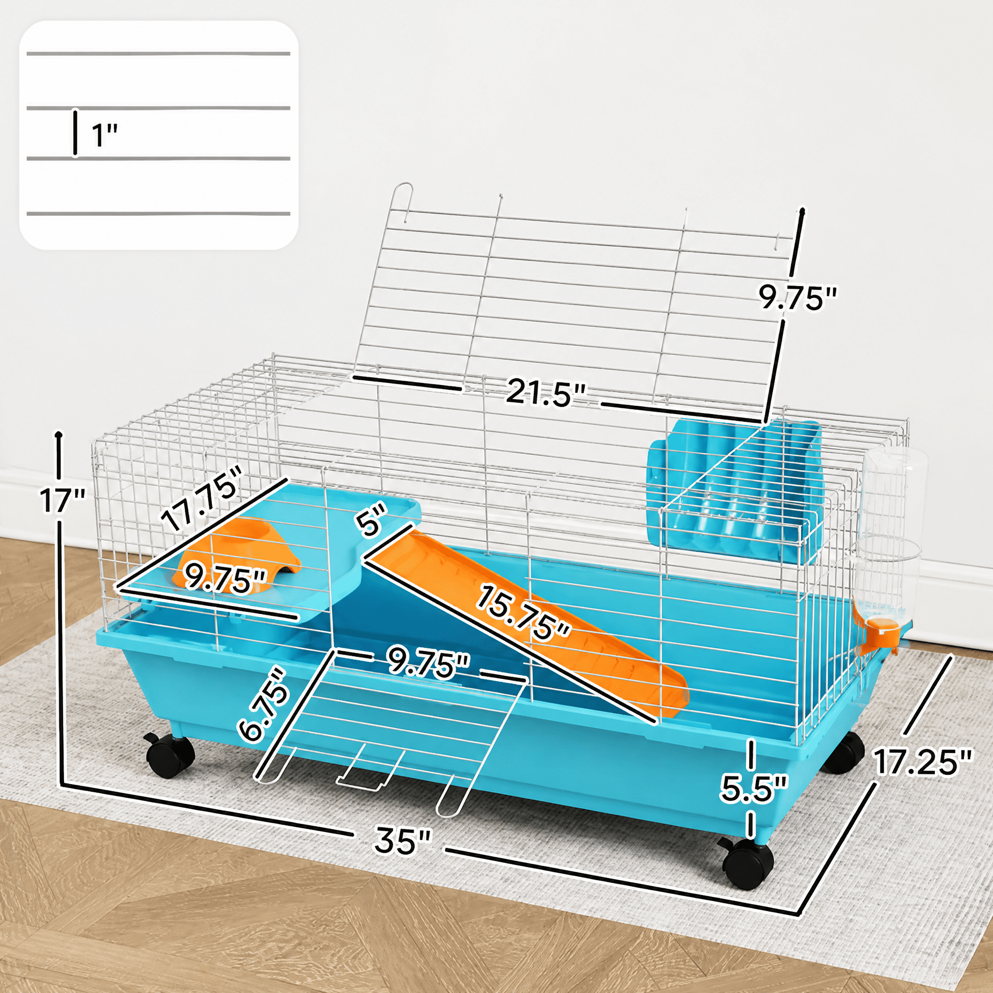 Mobile Deep Base Small Animal Cage With Wheels, Multi-Door Rabbit Guinea Pig Hutch With Ramp Platform Hay Feeder Water Bowl Indoor Pet Habitat For Chinchillas