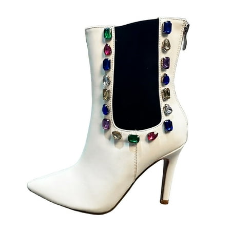 YHGFVOKJ Boots for Women New White Contrast Short Boots Pointed Toe Ultra High Heels Fashion Diamond Short Boots Shoes Boots for Women Ankle Booties White 42