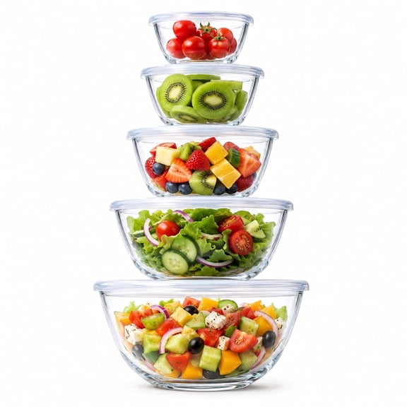 Vesteel 5Pcs Glass Mixing Bowls with Lids Set (4.8/2.9/1.7/0.8/0.5QT), Nesting Salad Bowls with Airtight Vent Lid for Kitchen Cooking Baking Prepping, Dishwasher, Microwave & Freezer Safe