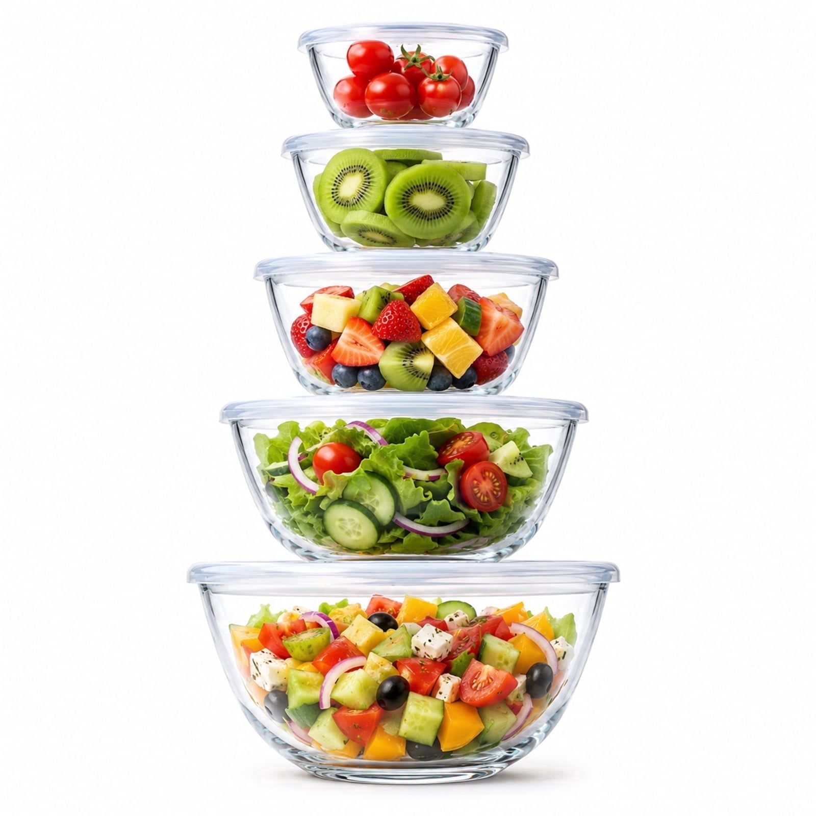 Vesteel 5Pcs Glass Mixing Bowls with Lids Set (4.8/2.9/1.7/0.8/0.5QT), Nesting Salad Bowls with Airtight Vent Lid for Kitchen Cooking Baking Prepping, Dishwasher, Microwave & Freezer Safe
