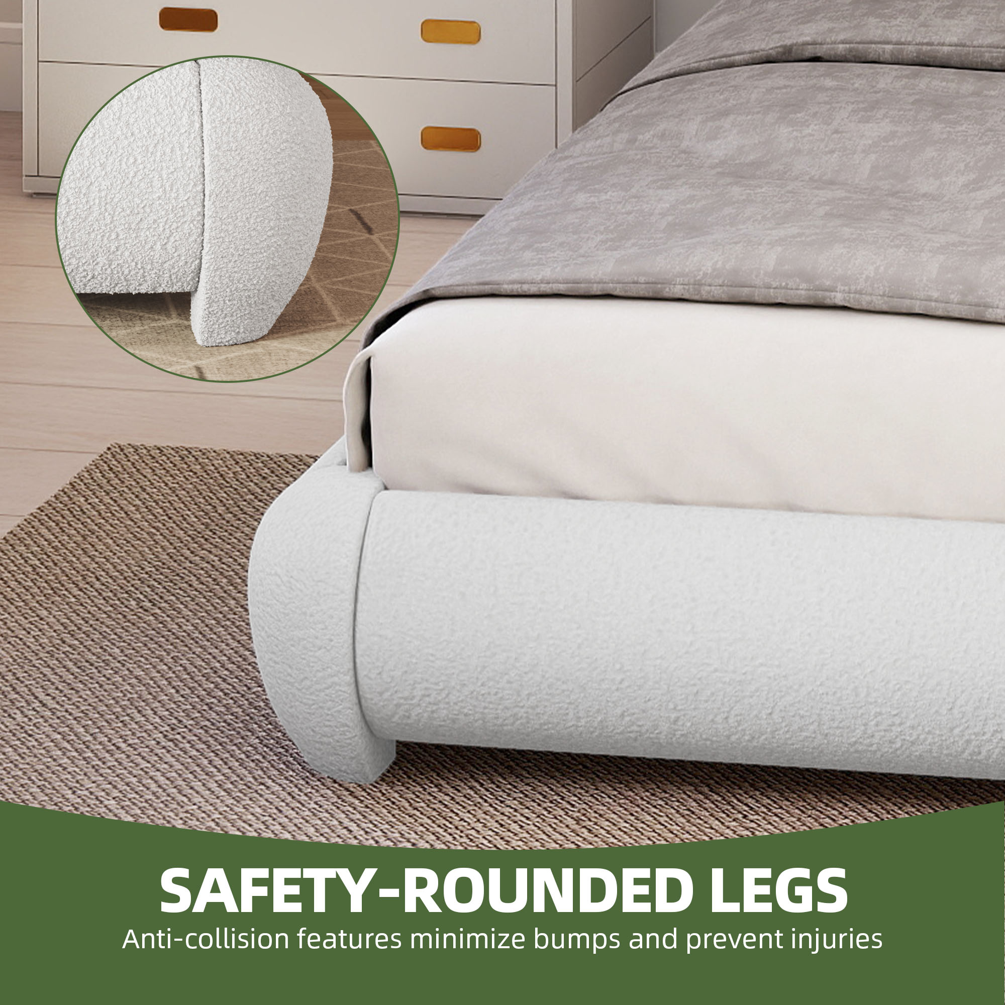Uforic Queen Size Boucle Bed Frame with Adjustable Headboard & Rounded Edges, No Box Spring Needed, White