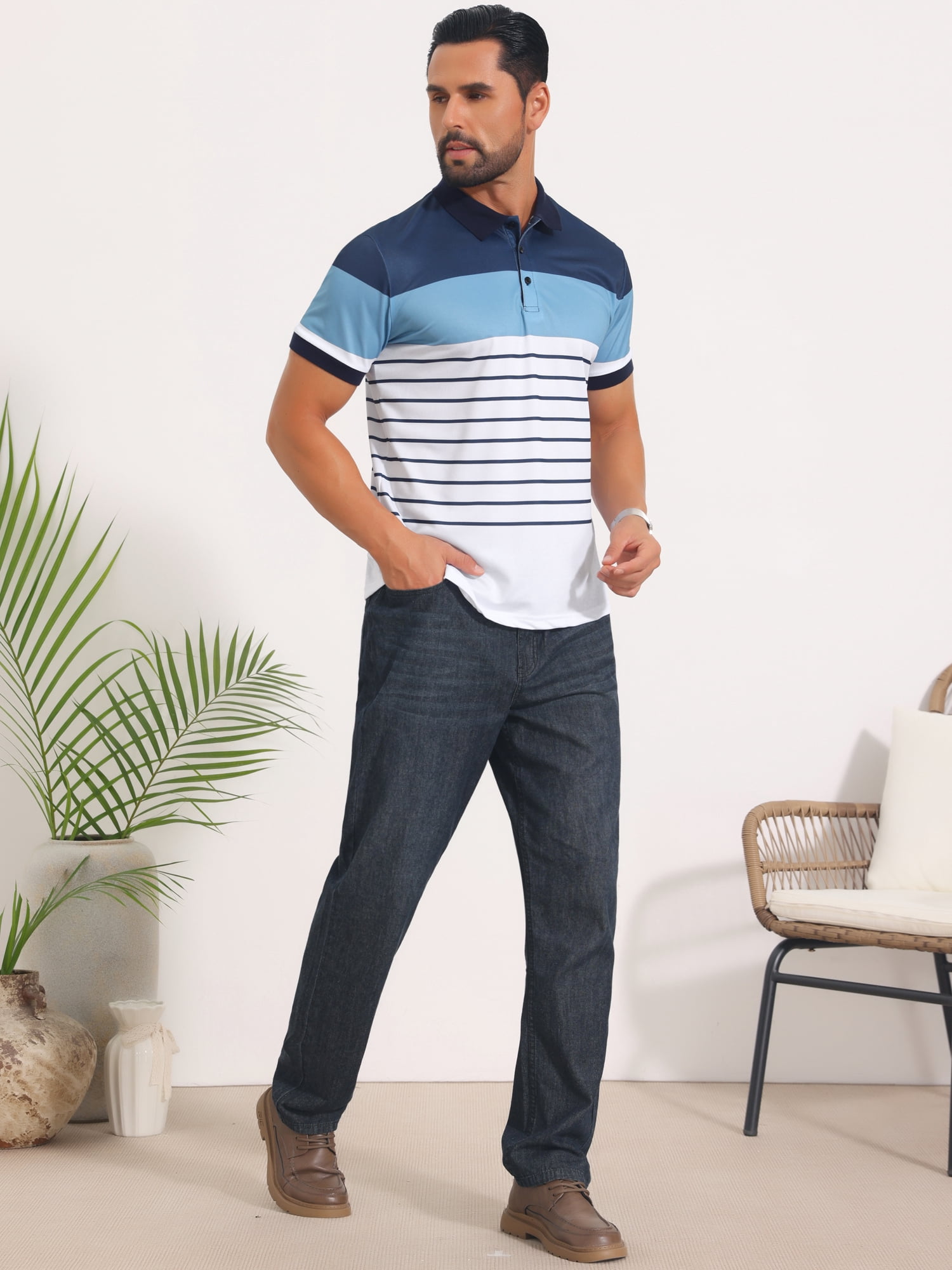 DARING DIVA Men's Colorblock Striped Short Sleeve Three Button Polo Shirts S Blue White
