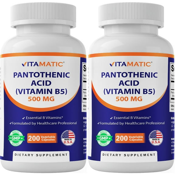 2 Pack Vitamatic Pantothenic Acid (Vitamin B5) 500mg, 200 Capsules - For Hair, Skin, Nails & Digestive Support