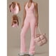 thumbnail image 5 of Mono Deportivo de Yoga para Mujer, Sin Mangas, con Escote en V, Ribete de Encaje y Cuello Halter, con Medias Acampanadas. Rosa XL, 5 of 10