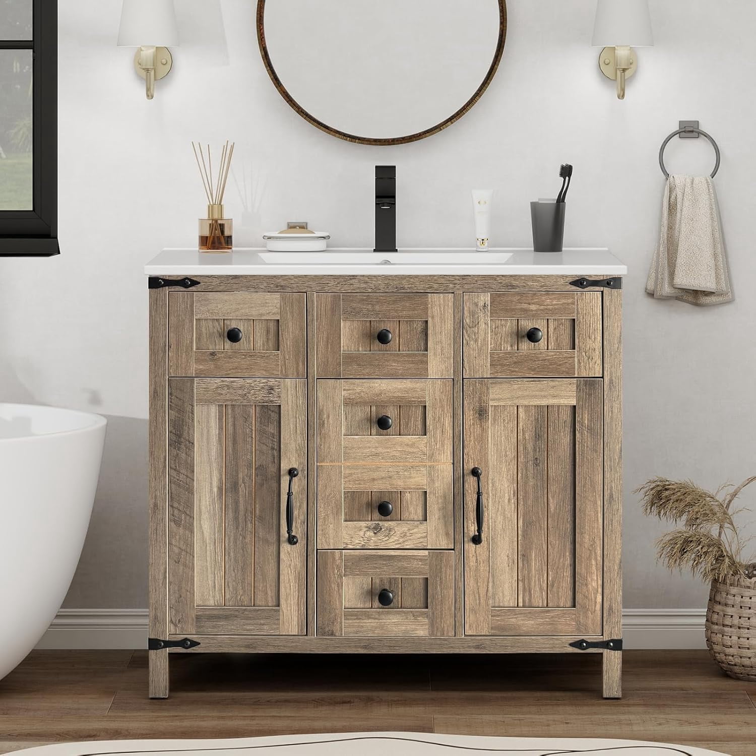 ELECWISH 36" Farmhouse Bathroom Vanity with Sink Combo, Rustic Vanity Cabinet with Ceramic Under Mount Sink Combo with Faucet Set, Four Sliding Drawers, Adjustable Shelf, Rustic Brown