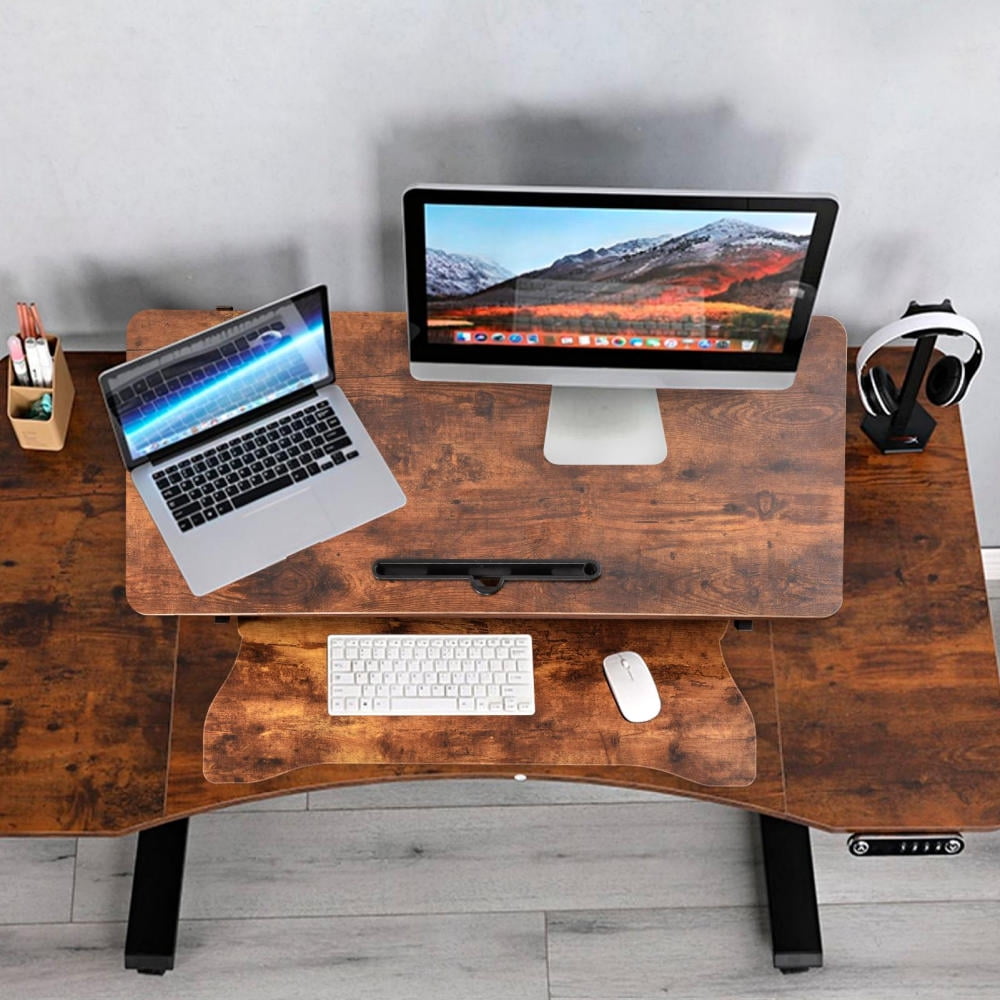 37 Inch Standing Desk Riser, Adjustable Sit to Stand Workstation with Keyboard Tray, 2 Monitor Desktop Converter for Home Office(Brown)