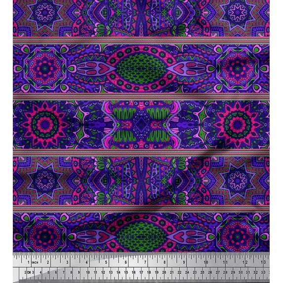 Soimoi Satin Silk Fabric Stripe & Mandala Kaleidoscope Print Fabric by the Yard 42 Inch Wide