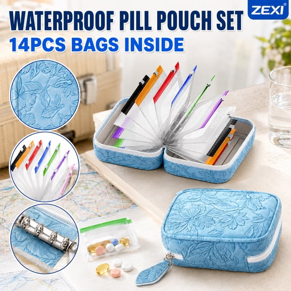 Travel Pill Organizer, A8 Waterproof Pill Pouch Set with 14 Color-Coded Zipper Pouches, Binder and Reusable Storage Case