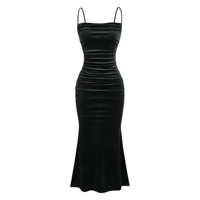 Robe en Velours pour Femmes à Bretelles Spaghetti Sans Manches Moulante Robe Maxi Élégante Longue Formelle pour Invitée de Mariage