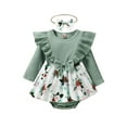 thumbnail image 1 of Seyurigaoka Infant Baby Girl Spring Autumn Jumpsuit Ribbed Flora Print Patchwork Ruffled Long Sleeve Romper Dress + Bow Headband, 1 of 9