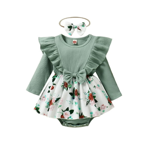 Seyurigaoka Infant Baby Girl Spring Autumn Jumpsuit Ribbed Flora Print Patchwork Ruffled Long Sleeve Romper Dress + Bow Headband