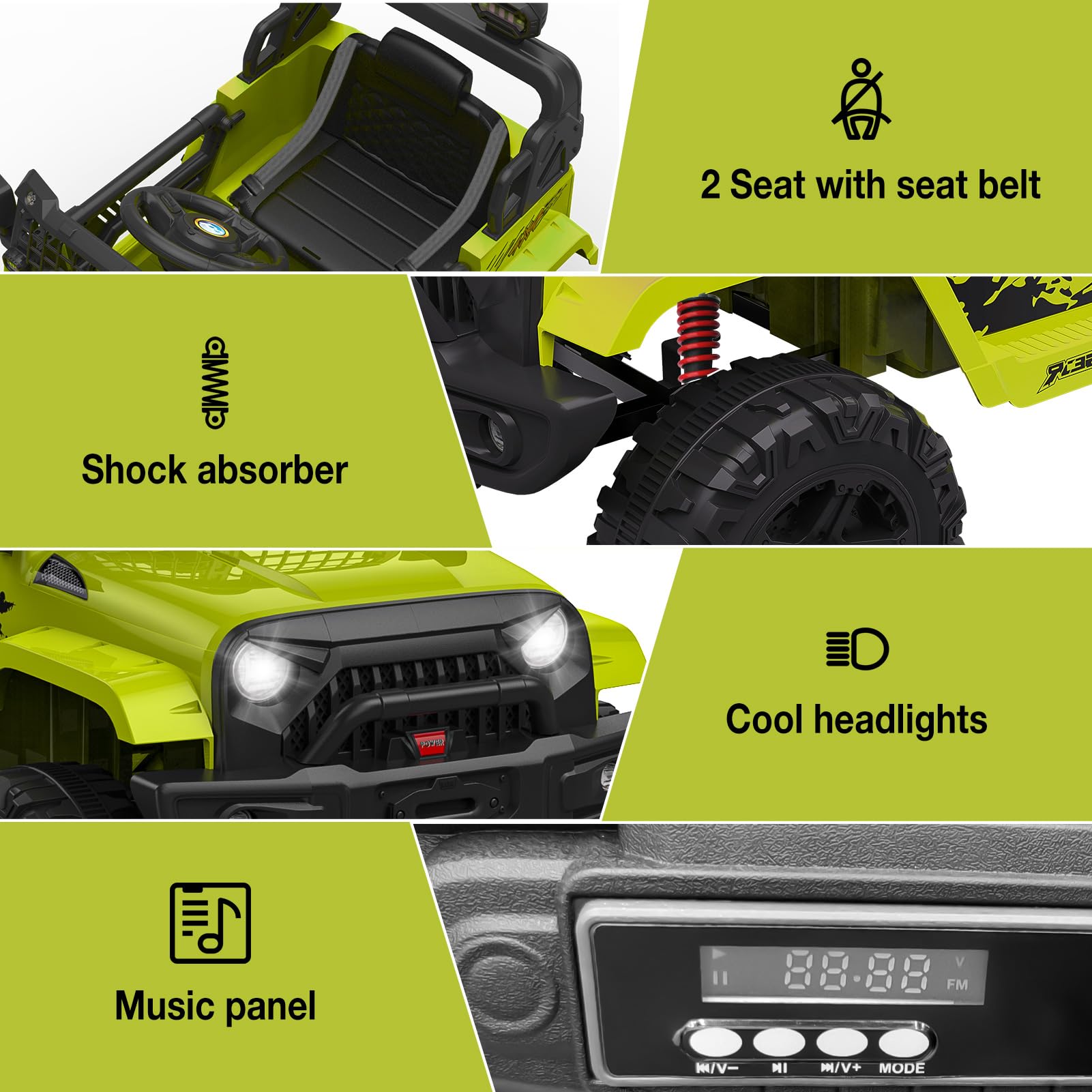 Ride on Truck Car 12V Kids Electric Mini Jeep with Remote Control Spring Suspension, LED Lights, Bluetooth, 2 Speeds (Green) - image 5 of 8
