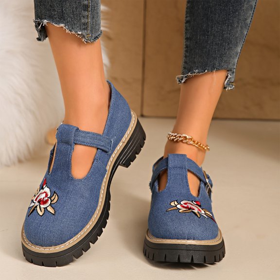 EKVAHL Women's Mary Jane Walking Shoes, Buckle Chunky Platform Loafers, Floral Embroidery Lug Sole Outdoor Campus Daily Work Shoes Blue