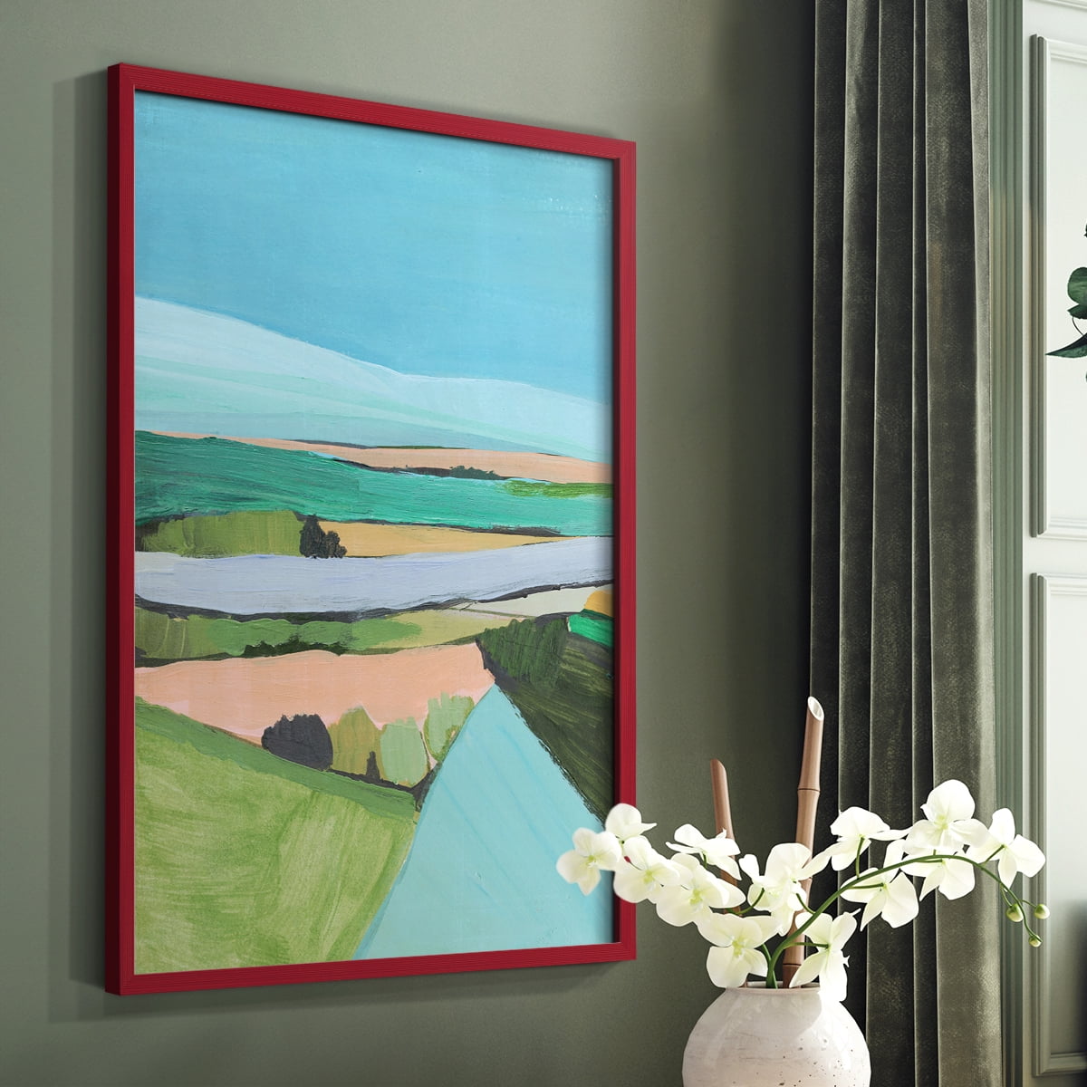 Bright Colored Countryside I Framed Print in Red Solid Wood Framed Print No Nail Hanging