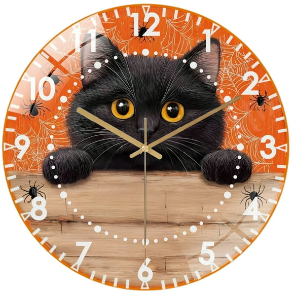 Decorative Clocks: Cute Black Cat Peeking Over Glass Wall Clock, Spooky Halloween- Cute Cat Decor Wall Clock  for Homes, Bars, Offices, Man Caves, Garages, And Living Rooms .Also Makes A Great Gift.