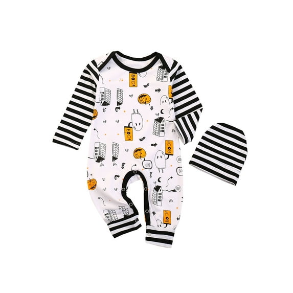 Qiylii Baby Halloween Romper,Stripe Long Sleeves Cartoon Ghost Pumpkin Romper+Hat